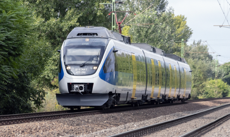 Image of train on a train track surrounded by trees