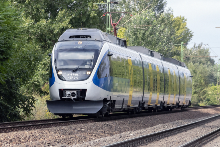 Image of train on a train track surrounded by trees